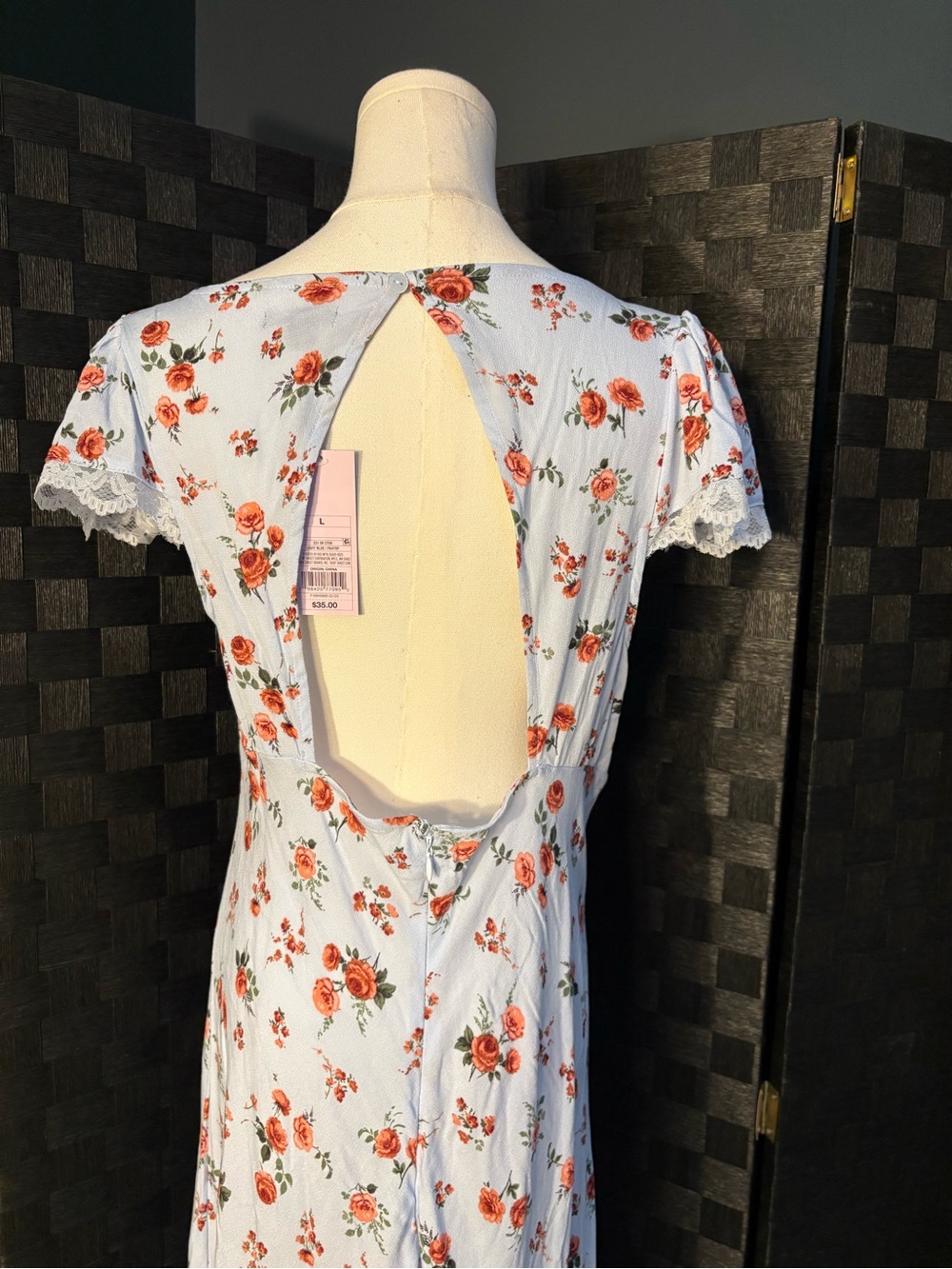 Cottagecore Light Blue Floral Maxi Dress Lace Trim Short Sleeves - Picture 4 of 5